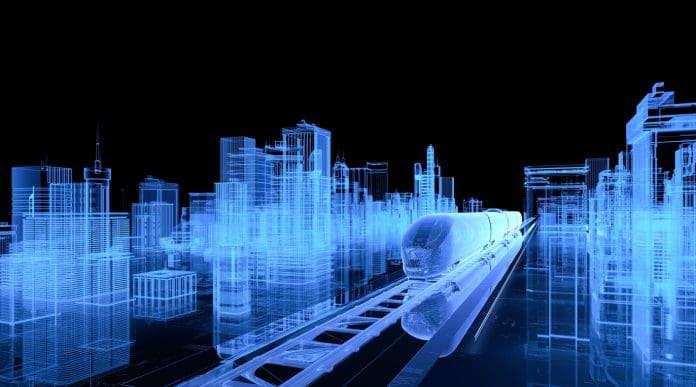 Futuristic blue smart city background 3D digital model of railway