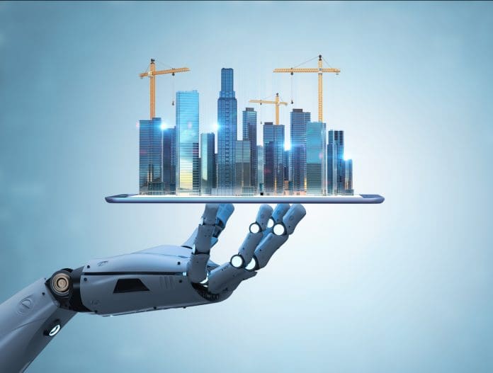 Smart city with 3d rendering robot with development city Smart city with 3d rendering robot with development city
