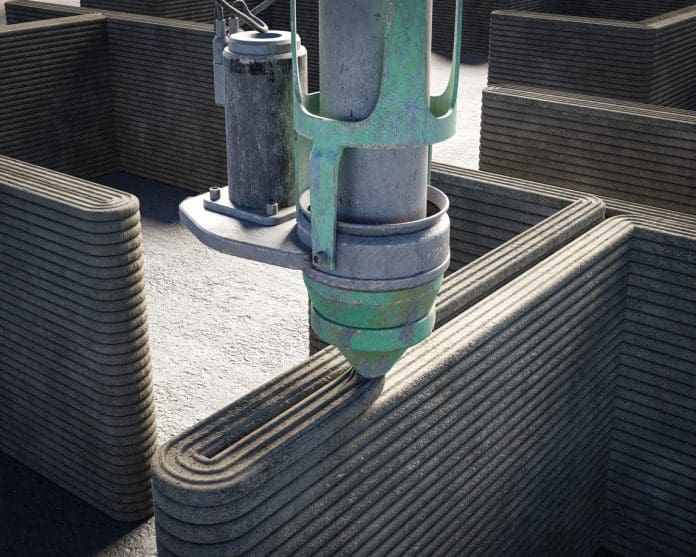 3d printing single-family house with concrete. New technology house building using a modern CNC machine. 3d illustration 3d printing single-family house with concrete