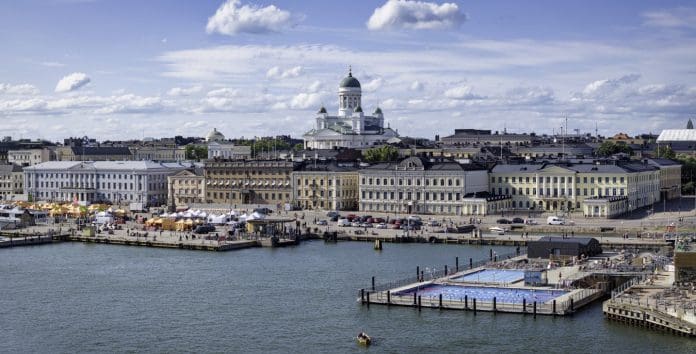 Helsinki Finland Old Town Cityscape View Kauppatori Helsinki Cathedral in Summer The South Harbour area of Helsinki, Finland.