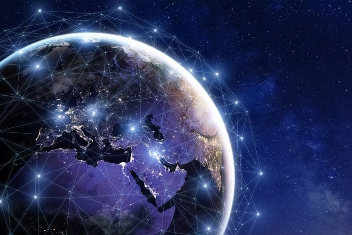 Communication network around Earth, worldwide international connections, finance, internet, IoT Global IoT monitoring concept