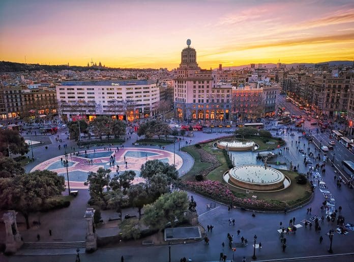 Plaça de catalunya at sunset in Barcelona. Spain Barcelona, Spain, host city of the ZIGURAT Summit, Construction Changemakers: AI, BIM and Sustainability