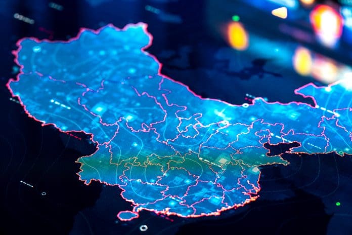 Map of China on digital display China to ramp up digital transformation: A map of China on a digital display