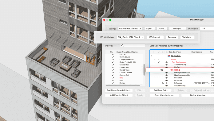 bim-collaboration-ids A digital visualization of a building from the Vectorworks Architect 2024 BIM software.