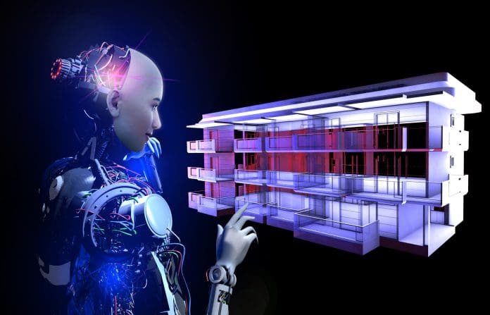 Arctitecture in The Future Human face cyborg is designing a virtual building in the future. Building isolation systems in the future. New horizontal architecture technology.