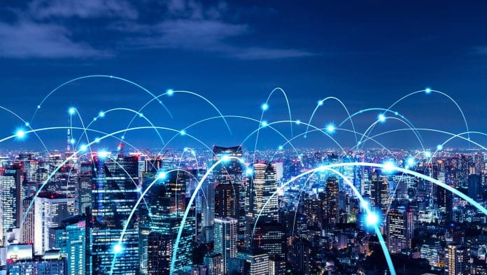 Smart city and communication network concept. 5G. LPWA (Low Power Wide Area). Wireless communication. Automation demands set to drive boom in global smart buildings market