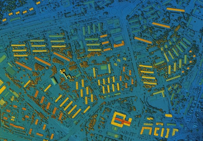 Map of urban city area with coloured geospatial data for GIS usage Digital elevation model of a urban area. GIS product made after proccesing aerial pictures taken from a drone. It shows city area with roads, junctions and suburbs
