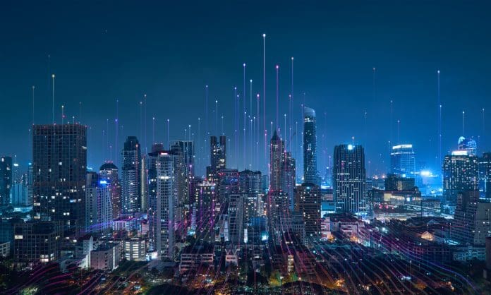 Smart city and abstract dot point connect with gradient line Smart cities and abstract dot point connect with gradient line, big data connection technology concept.