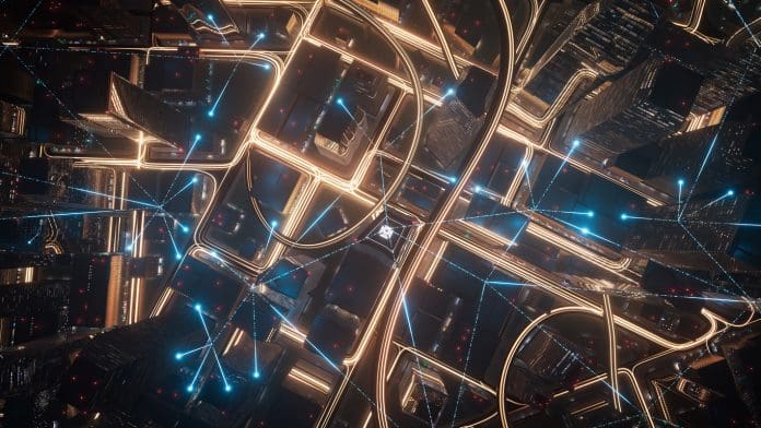Emerging Connection Lines Over Streets And Skyscrapers - 5G, Data Transfer, Finance And Economy - City At Night Digital Twin Consortium and Smart Cities Council expand global partnership. A top-down aerial view of a 3D rendered cityscape