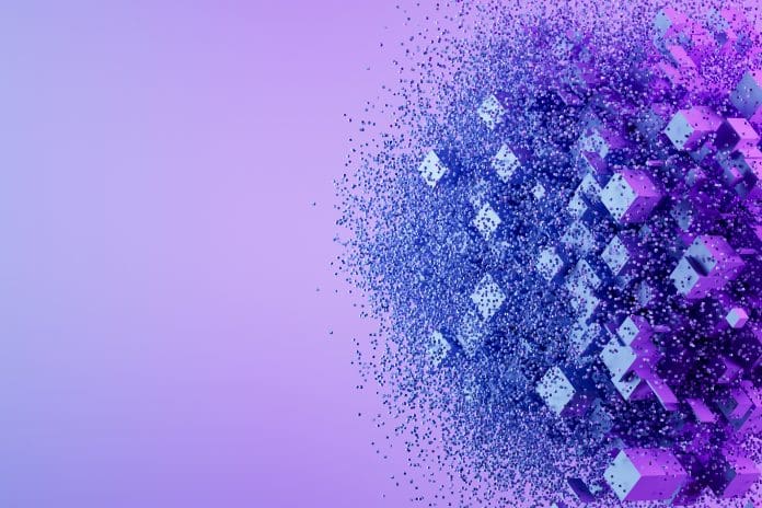 Abstract connected cube exploding with particles, artificial intelligence technology background 3D AI helps push Autodesk revenues to $1.42bn