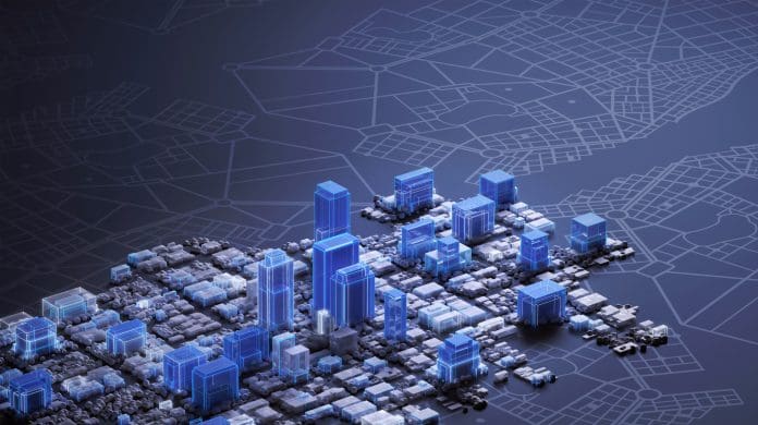 Business district and city downtown model on dark background with 3D buildings, aerial view with copy space on top side Building Information Modeling market to hit $14.8bn by 2029
