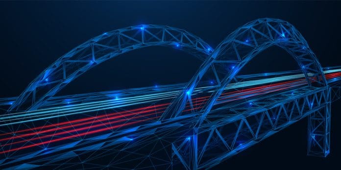Futuristic road bridge. Freeway. Low poly bridge design