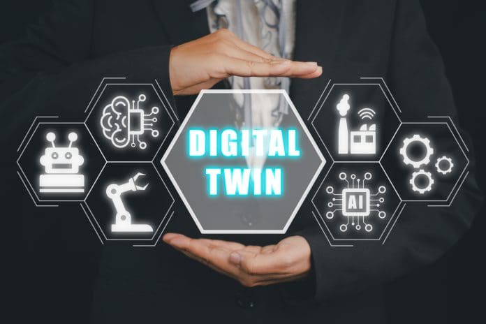 Digital twin business and industrial process modelling, Business woman hand holding digital twin icon on virtual screen, innovation and optimisation. Business woman hand holding digital twin icon on virtual screen