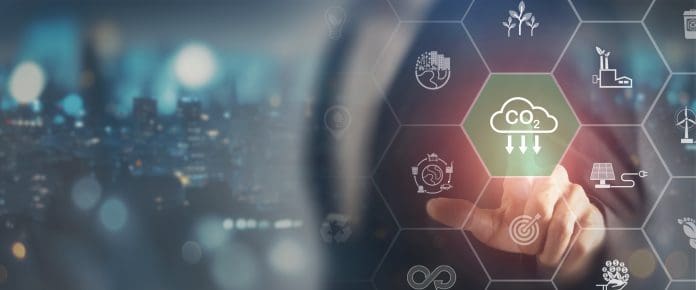 Reduction of carbon emissions, carbon neutral concept. Net zero greenhouse gas emissions target. Reducing carbon footprint concept.Decreasing CO2 emissions target symbol on smart city background. Hexagon net zero targets validated by Science Based Targets initiative