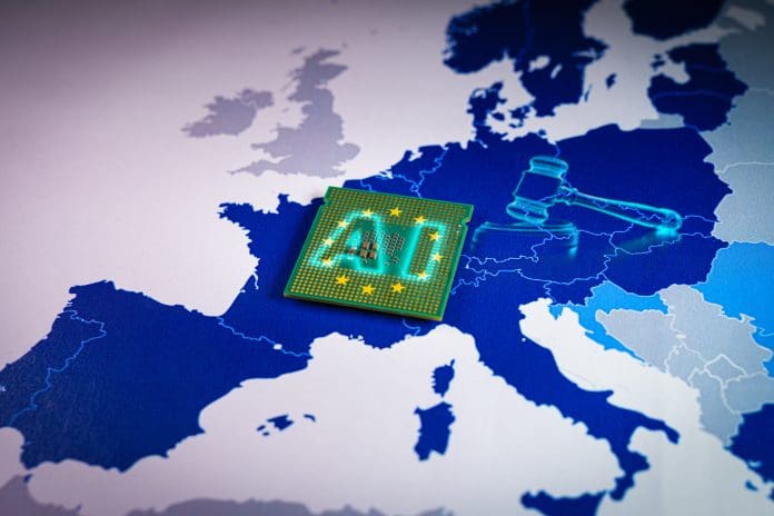 Europe Map with virtual gavel and sound block and a CPU with AI word The European Artificial Intelligence Act, the world's first comprehensive regulation on artificial intelligence, enters into force today