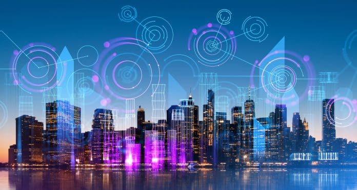 Wireframe digital interface and network hologram in night city. New York Smart buildings demand to drive BAS market to $167.4bn by 2031