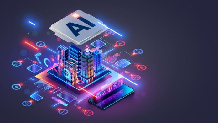 Smart city concept. AI controls Futuristic Smart city. Isometric Futuristic buildings inside chip with Ai or Artificial intelligence which effectively manages urban infrastructure. AI of Smart City. Isometric Futuristic buildings inside chip with Ai or Artificial intelligence which effectively manages urban infrastructure