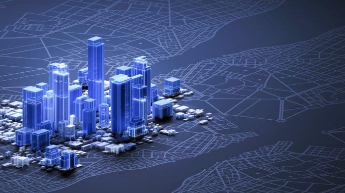 Abstract futuristic city downtown on dark background with skyscrapers, city map and copy space Allplan launches 2025 version of BIM software
