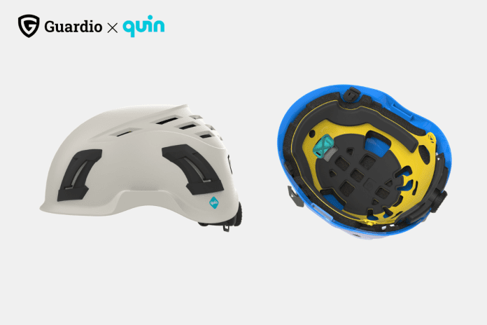 Press-quin-guardio Side and internal views of the Amret Pro smart construction safety helmet