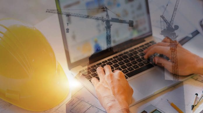 Double exposure of engineer use her laptop for architectural project and working with partner engineering.