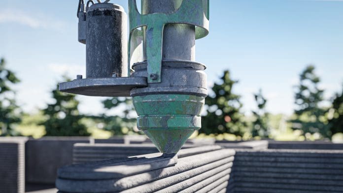 3d printing single-family house with concrete. New technology house building using a modern CNC machine. 3d illustration 3d printing single-family house with concrete. New technology house building using a modern CNC machine