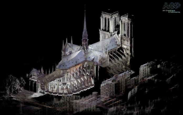 FARO-laser-scanner-collects-3D-digital-mapping-of-Notre-Dame-1 A 3D rendering of Notre-Dame cathedral captured using laser scanning from FARO.