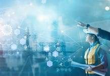 Construction AI, automation and workforce shifts reshaping industry Male and female industrial engineers using tablet computer and blueprints checking and analysis data of power plant station project on network background.